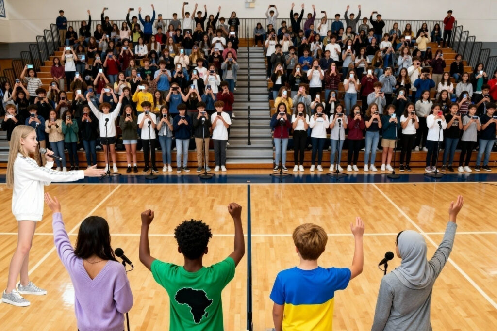 Florence présente son exposé devant ses camarades de collège. Elle est accompagnée par Roxanne, Parwana, Mahir et Dmytro.