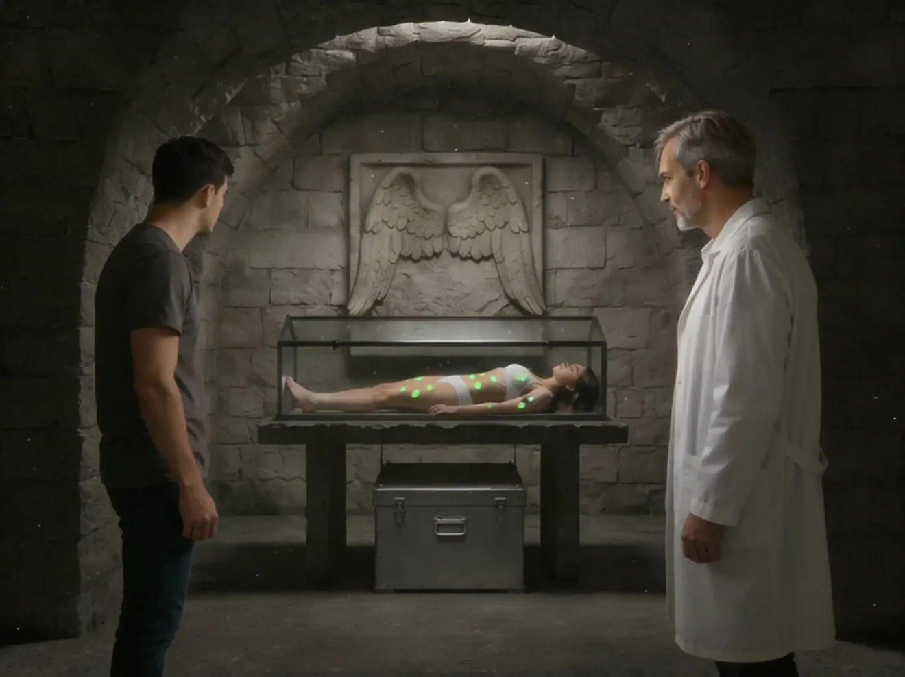 Aléïc et Serge devant Aisha morte, mais mise en "standby"