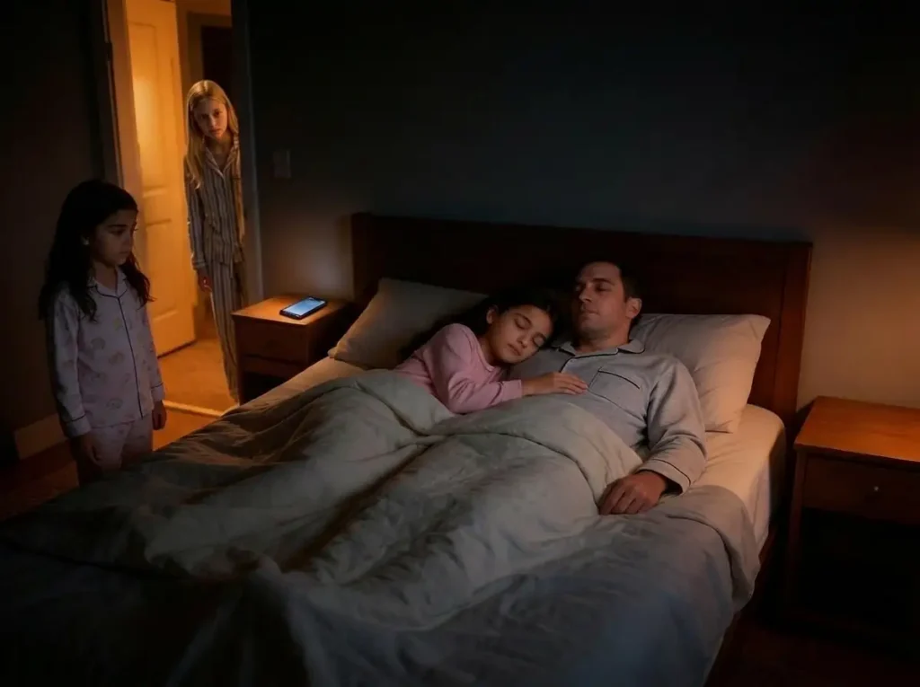 Roxanne dort contre Dan, observée par Néha et Florence