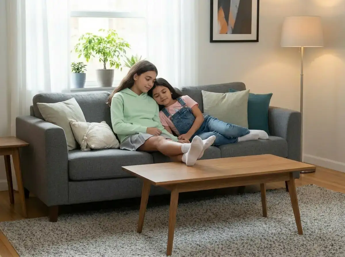 Néha et Roxanne sur le canapé du salon