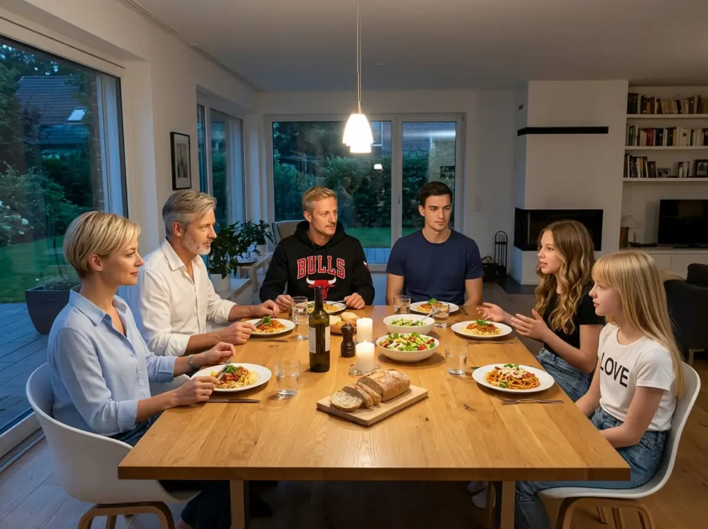 Élise, Serge, Josh, Aléïc, Alice et Léonie sont à table et discutent