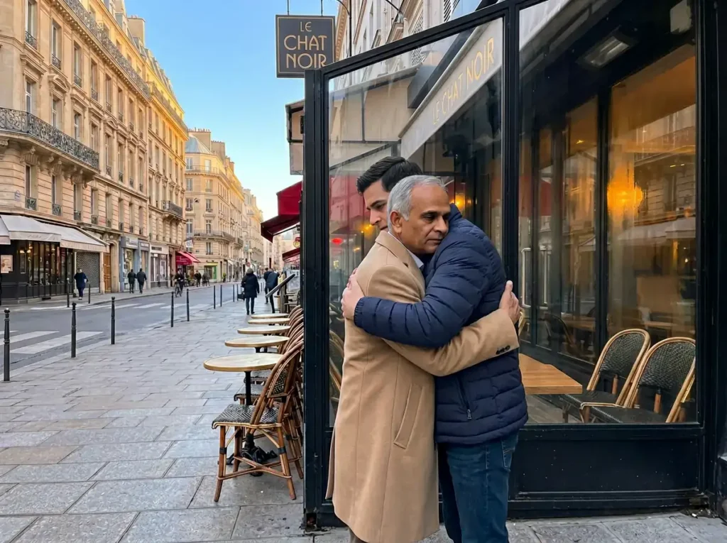 Ramesh et Aléïc se font une accolade.