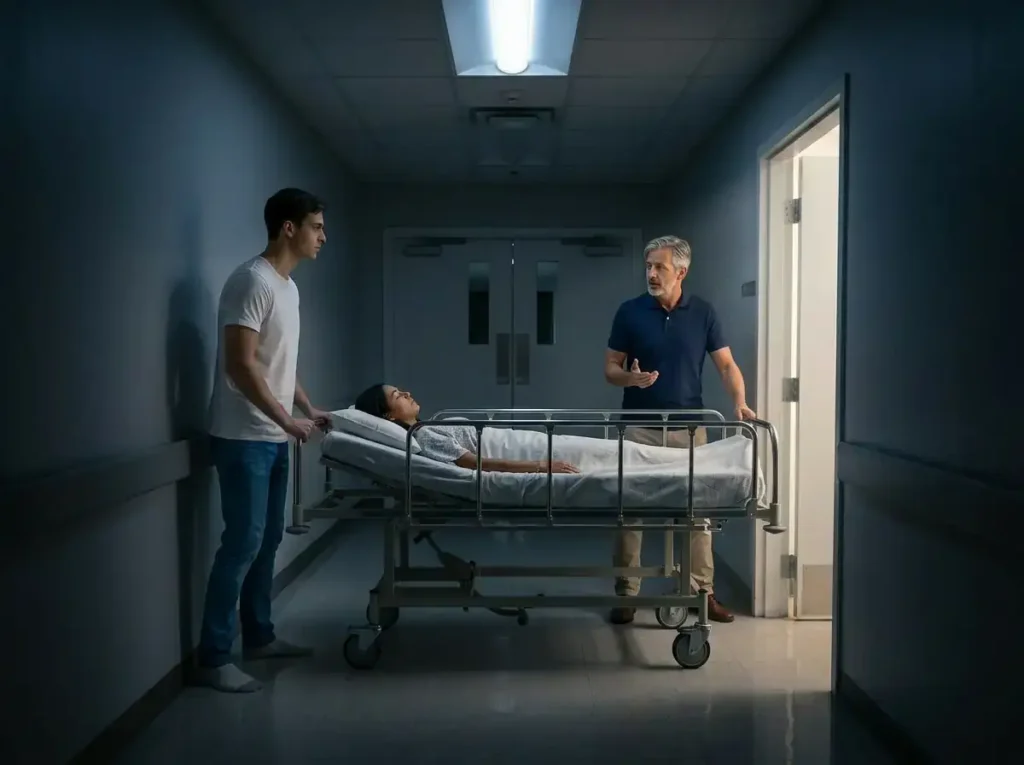 Aléïc et Serge poussent le lit de Aisha vers le labo