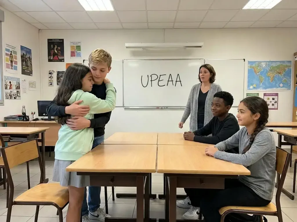 Dmytro et Roxanne s'enlacent en cours UPEAA