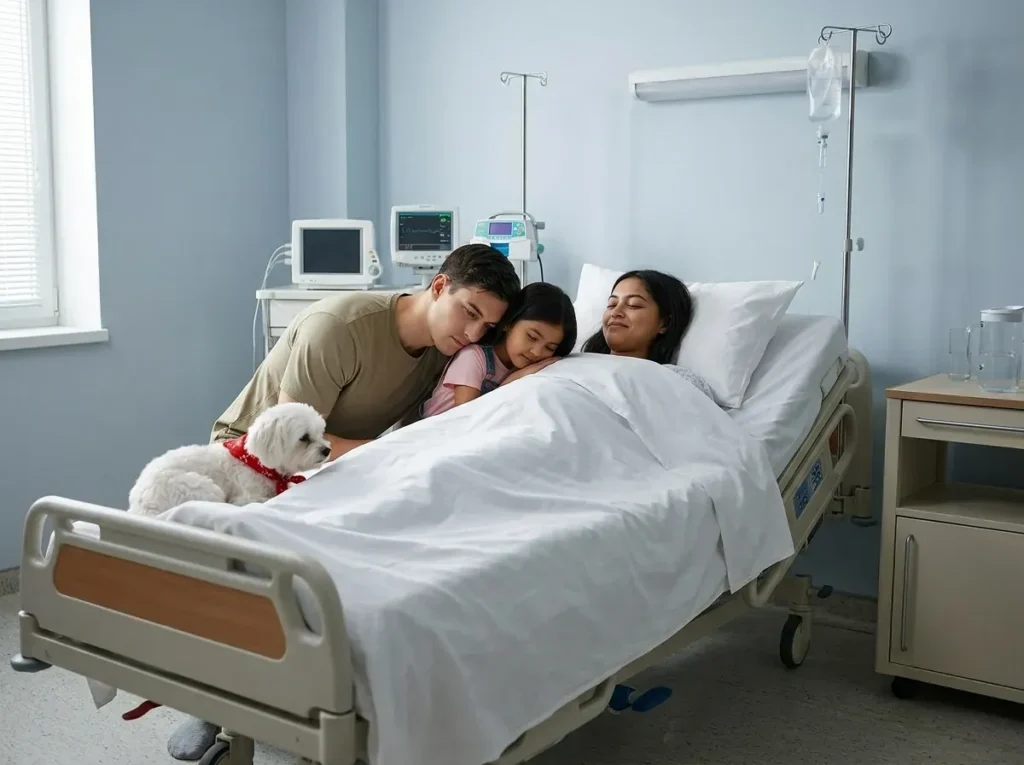 Aisha à l'hôpital avec Néha et Aléïc