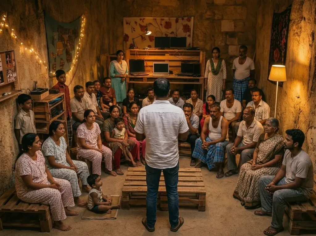 Vikram parle à la communauté